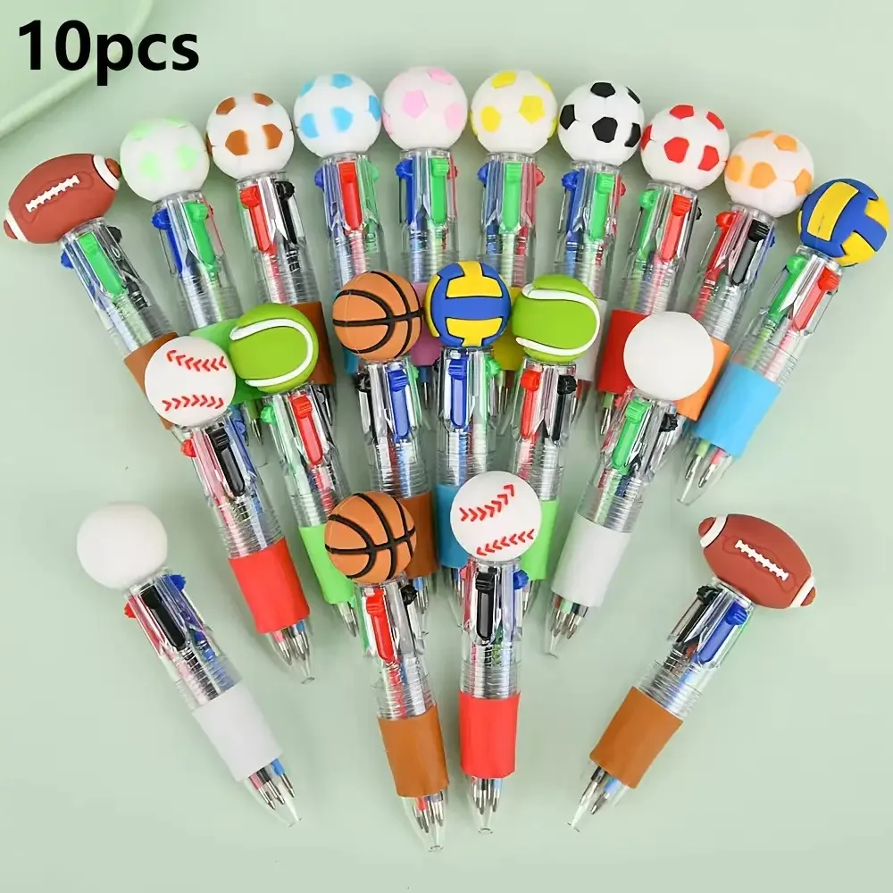 5/10/15 stuks vierkleurige balpennen set met balthema - voetbal basketbal rugby ontwerp veranderen van kleuren gemakkelijk cadeau voor kerst-id