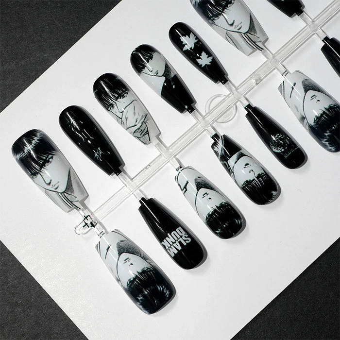 Uñas postizas de estilo de dibujos animados, accesorio de Rukawa kaade en blanco y negro, fresco, hoja de arce, baloncesto, juvenil, 40 piezas