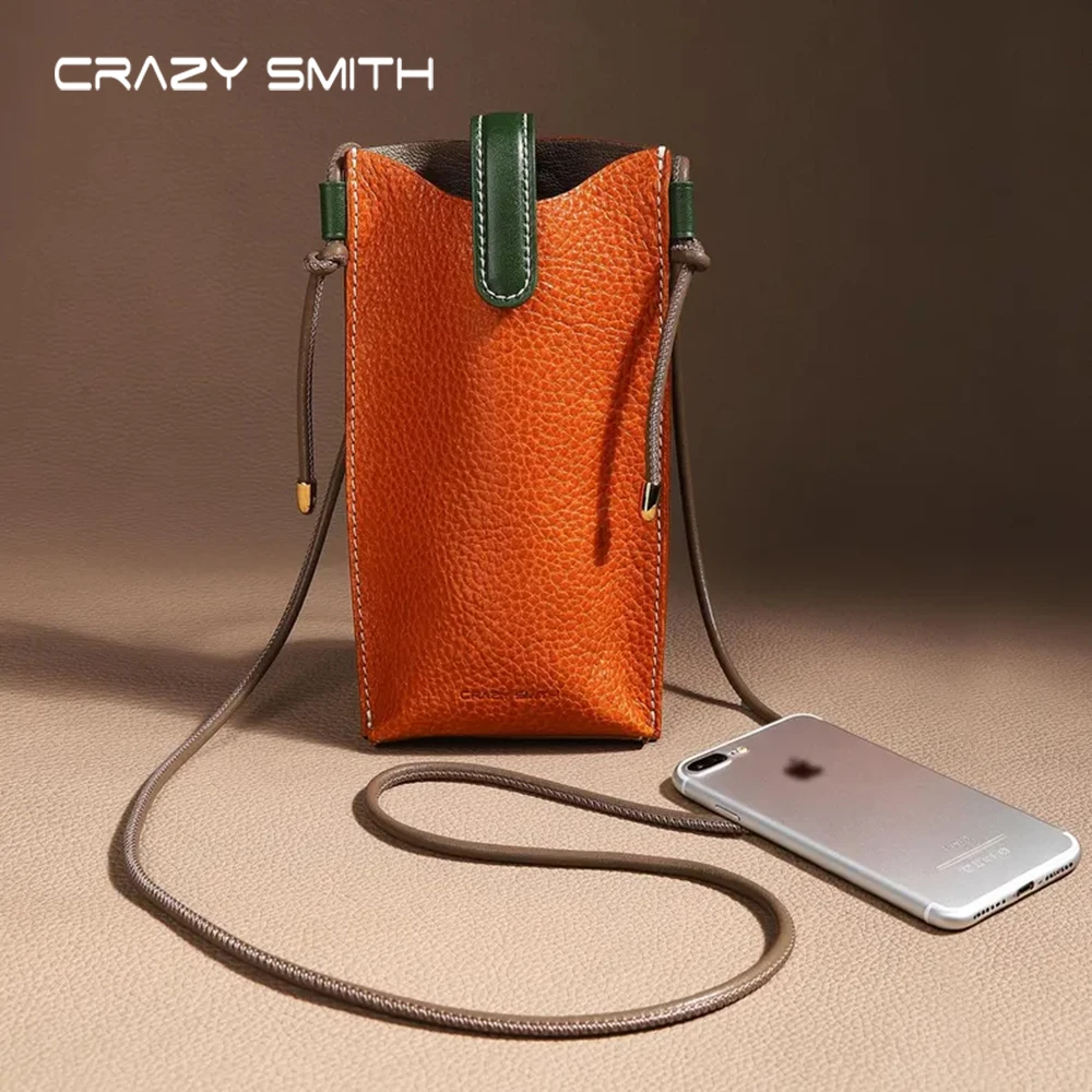 CRAZYSMITH Full-Grain Leather Crossbody Phone Bag Cowhide Lady Wallet Adjustable Drawstring Bags Cellphone Storage Bag Organizer