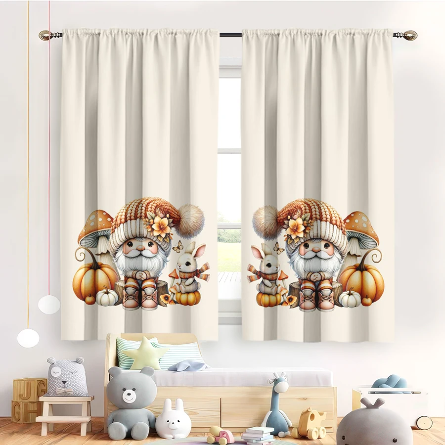 2PCS Digital Print Curtain, Fall Gnomes Squirrel Mushroom Pumpkins, Beige Thanksgiving Style for Living Room Bedroom Decor