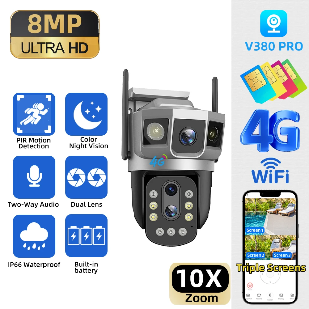 

4K 8MP Dual Lens Three Screens IP Camera Night Vision Ai Human Detect PTZ Outdoor Video Camara 4G SIM V380 Pro CCTV Security