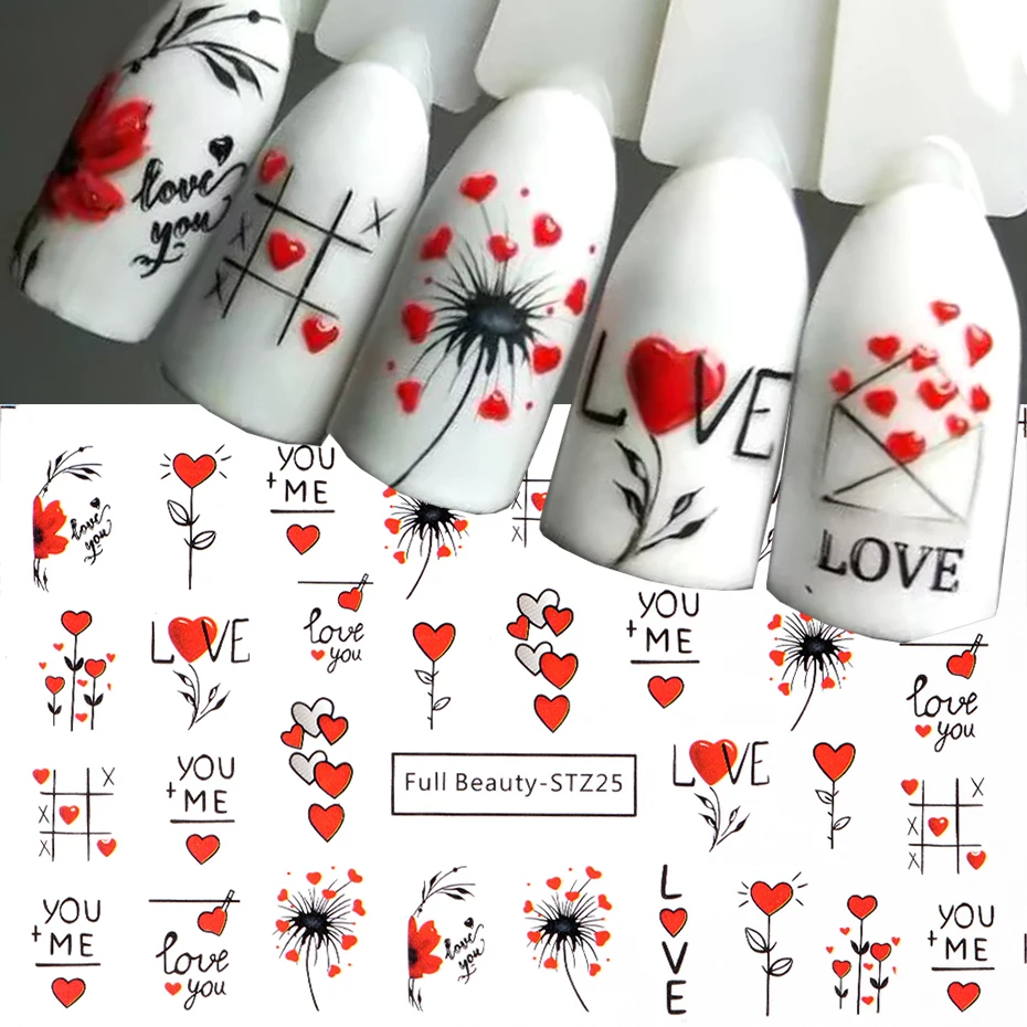 Adesivos de unhas dos namorados amor coração decoração decalques de transferência de água dos desenhos animados bonito urso slider tatuagem design folhas manicure