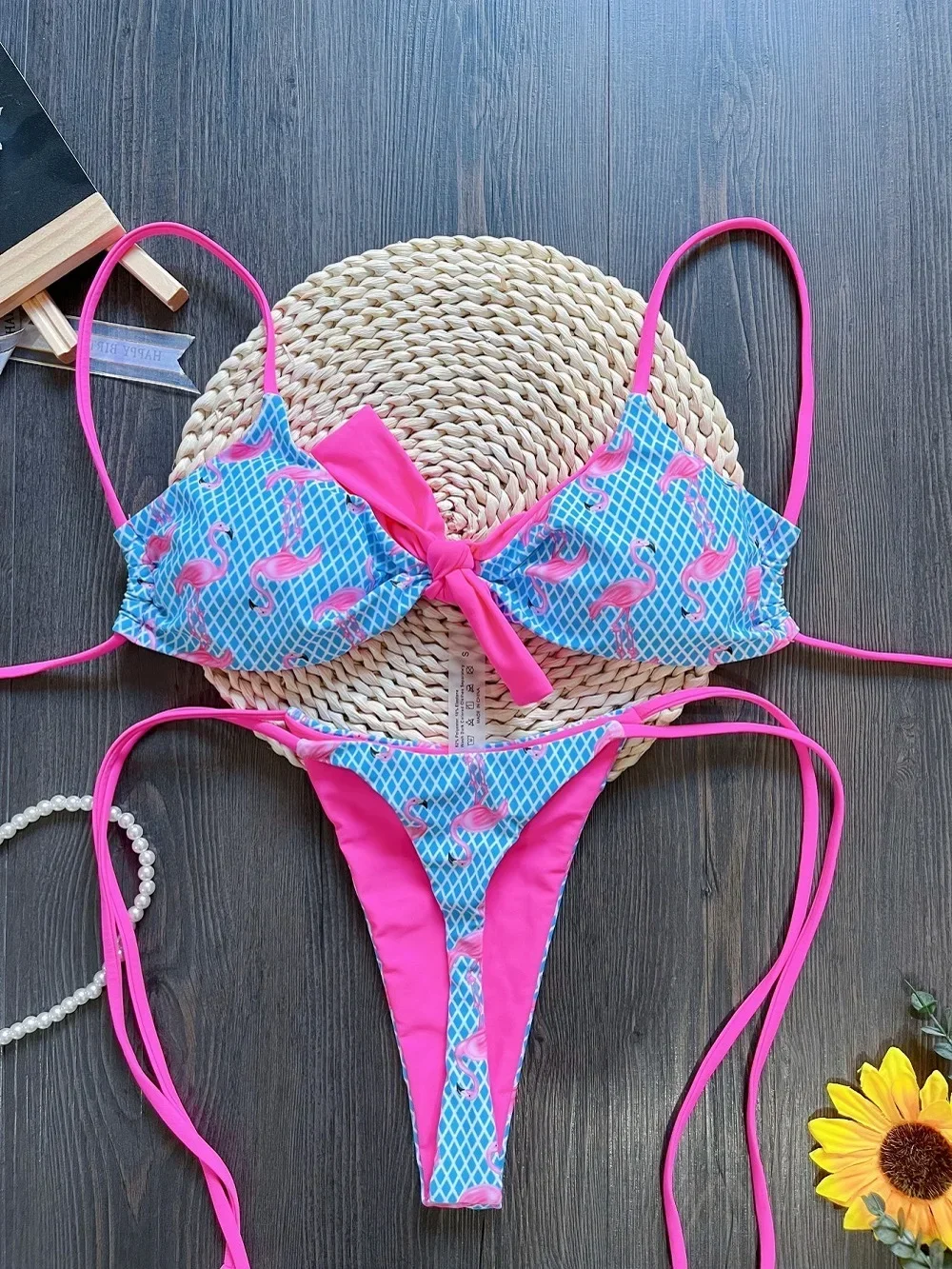 

Sexy Grid Flamingo Print Swimsuit Woman 2023 New Two-Piece swimwear Push up Thongs Bikinis Set Bathing Suit Biquini