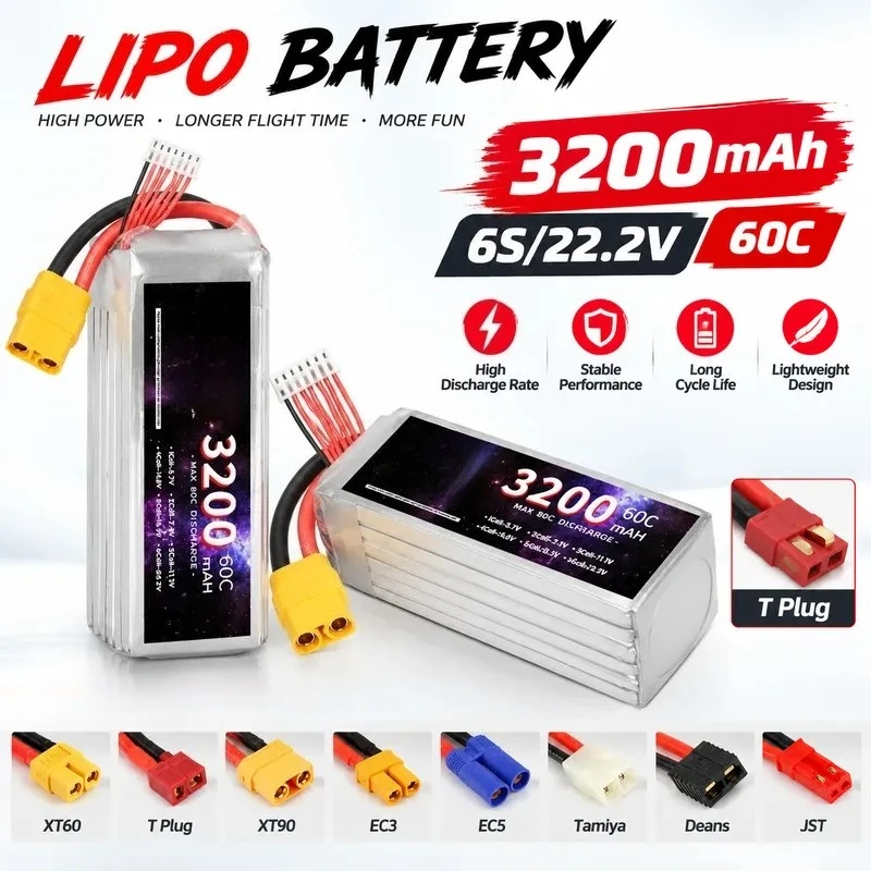 For Model Aircraft Battery 6S 3200mAh 60C 22.2V Drone Power Lithium Battery Pack Toy Fixed Wing