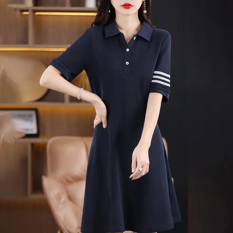 Été nouveau col pur coton ort Sve Dr femmes t-shirt barres minceur Midi a-ligne parapluie jupe taille haute