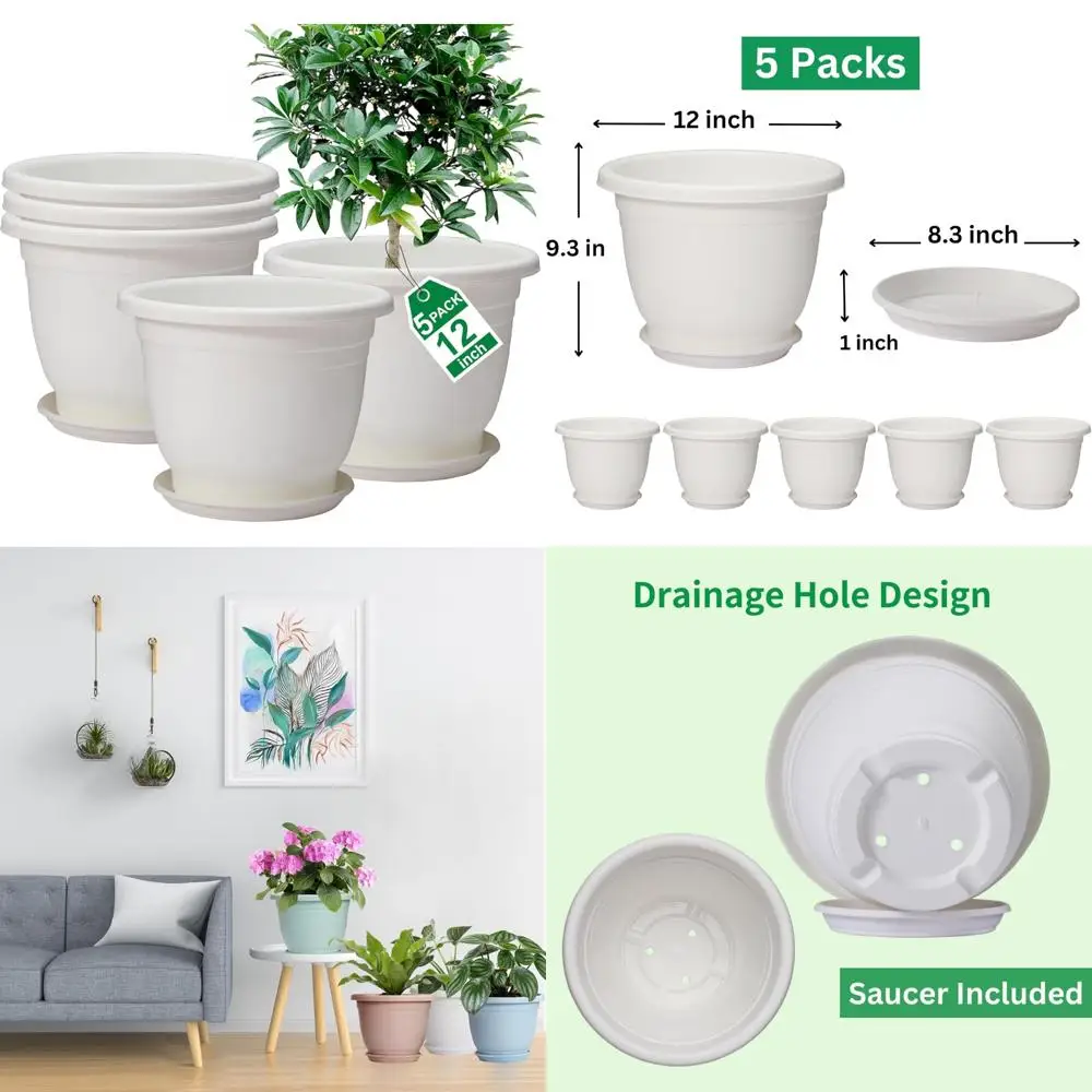 

5 packs 12 inch flower pots + saucer, planters for indoor & outdoor plants with drainage holes | plastic flower pots, large plan