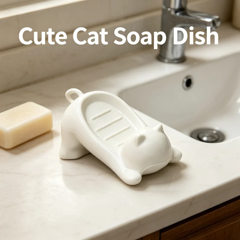 1Pc Cute Stretching Cat Soap Dish, Plastic Drainable Soap Holder, Bathroom Kitchen Countertop Storage Organizer