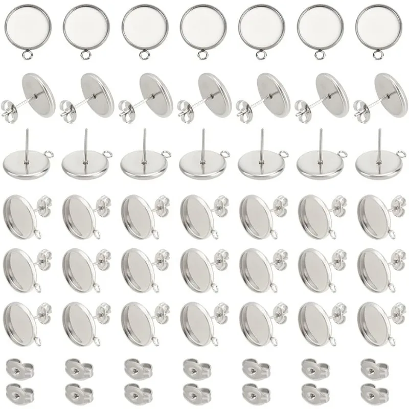 

60pcs 12mm Round Bezel Earring with Loop Cup Tray Earrings with Ear Nuts Stainless Steel Stud Earring Findings for DIY Jewellery