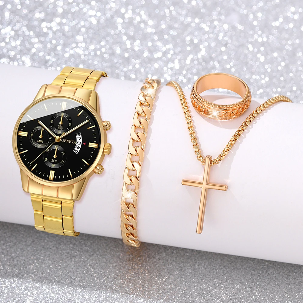 4PCS Gold Alloy Roman Calendar Men\'s Quartz Watch and Cross Necklace Bracelet Ring Set Selected Gifts