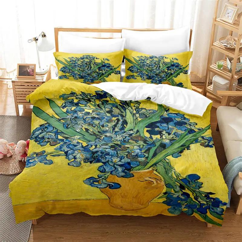 Set biancheria da letto artistica 3D King Monet Van Gogh Style Sky Oil Painting Pattern copripiumino stampato con federe vendita calda 2/3 pezzi