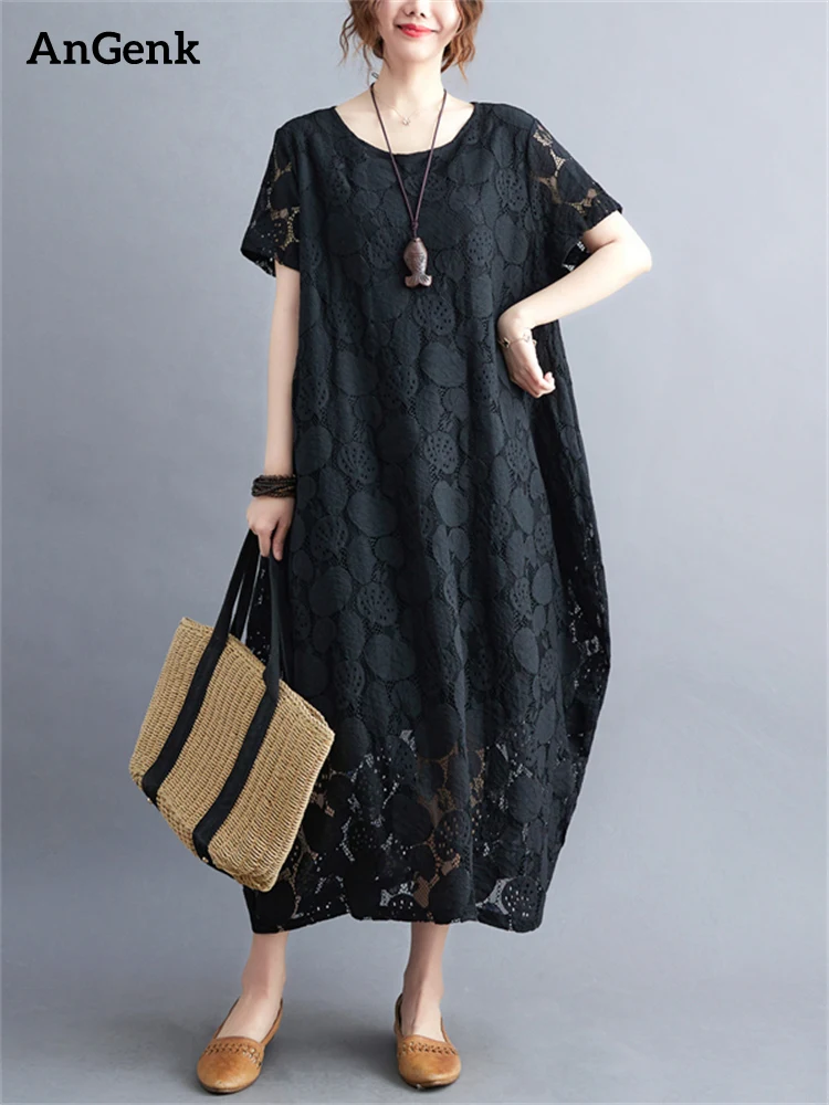 Short Sleeve Vintage O-Neck Lace Summer Dresses For Women 2024 New Casual Loose Long Ladies Solid Dress Elegant Female Clothing