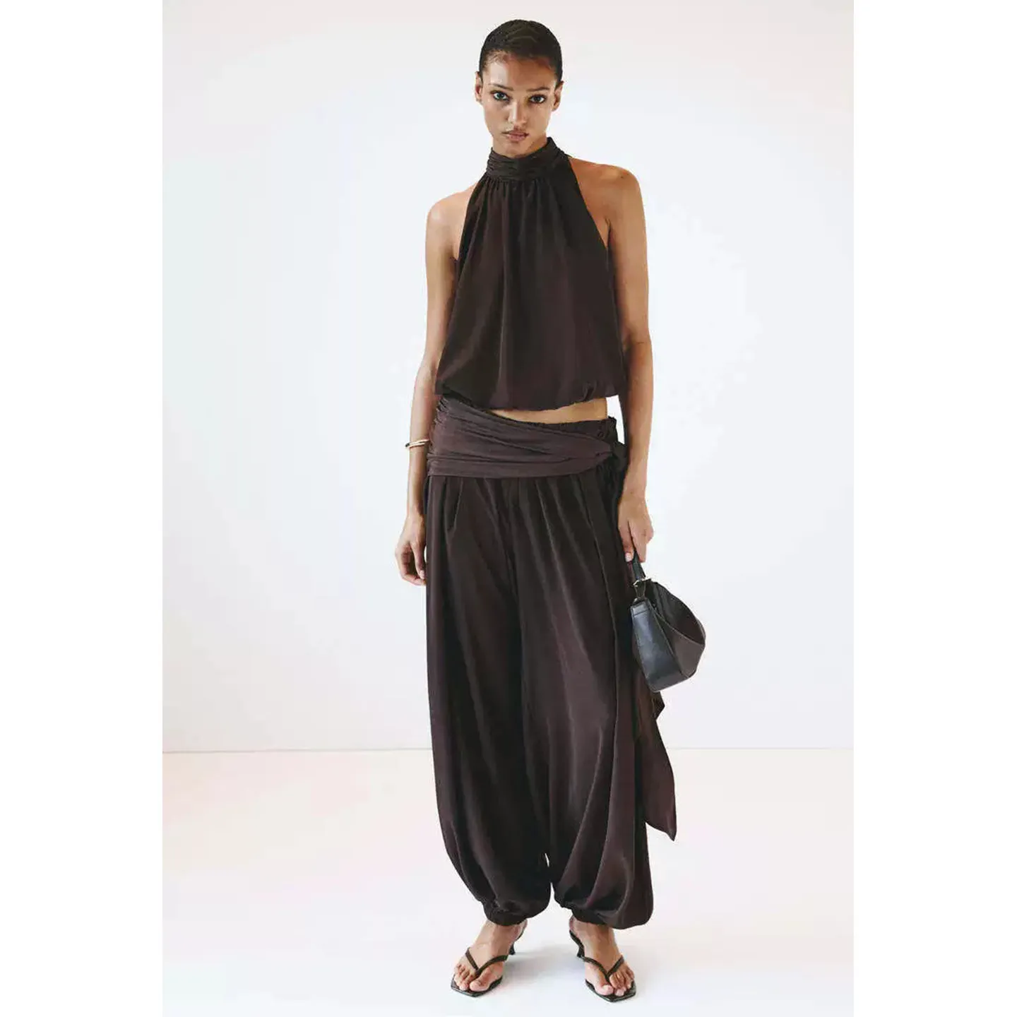 High Waist Bubble Sleeve Top And Lantern Pants Set Women's Summer Fashion Outfit Stand Collar Gored Hem Neckline Wrap Style