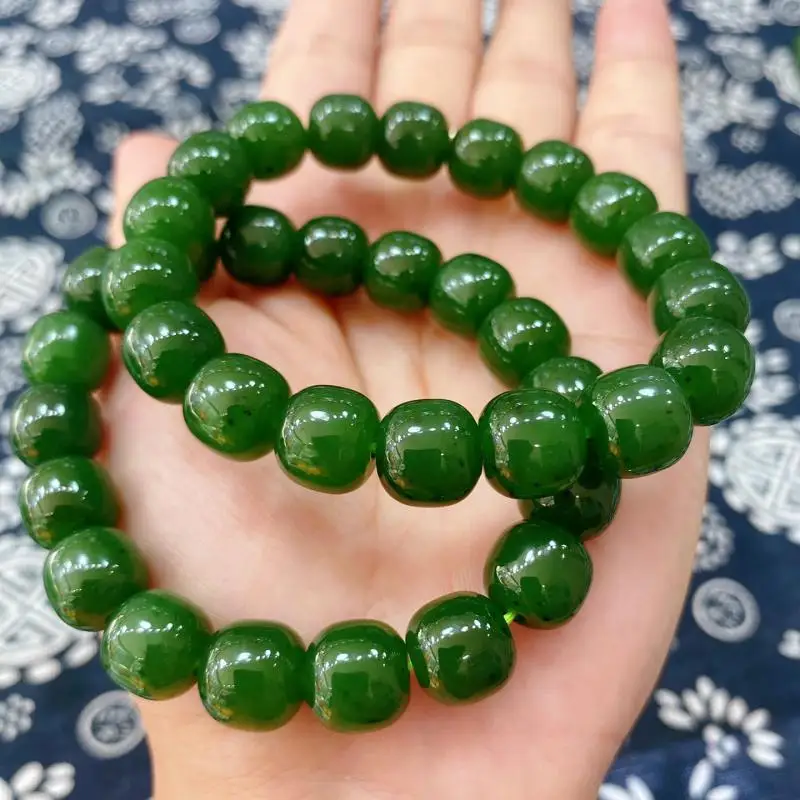 

100% Grade A Green Jade Bracelet Men Women Fine Jewelry Genuine Natural Nephrite Hetian Jades Barrel Beads Elastic Bracelets