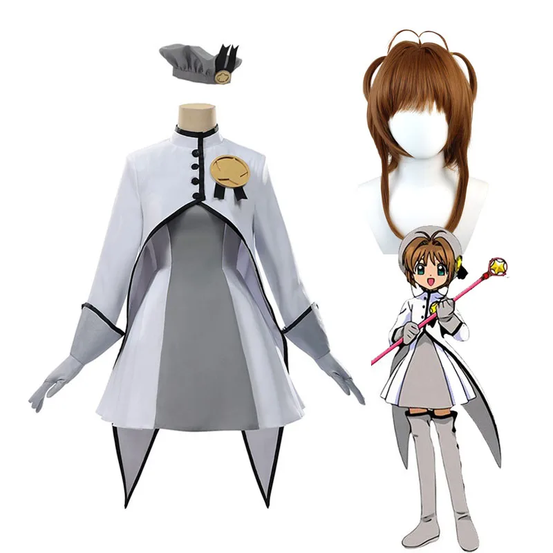 

Аниме Киномото Сакура Косплей Парики и костюм Cardcaptor Сакура Платья Шляпа Хэллоуин Вечеринка Волшебная девушка Одевание