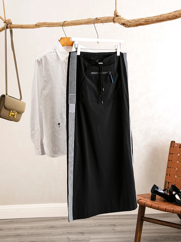 

YongLeap Summer New Ele High Waist Straight Cut Skirt with Adjustable Dstring And ket Decorated Striped f-length...