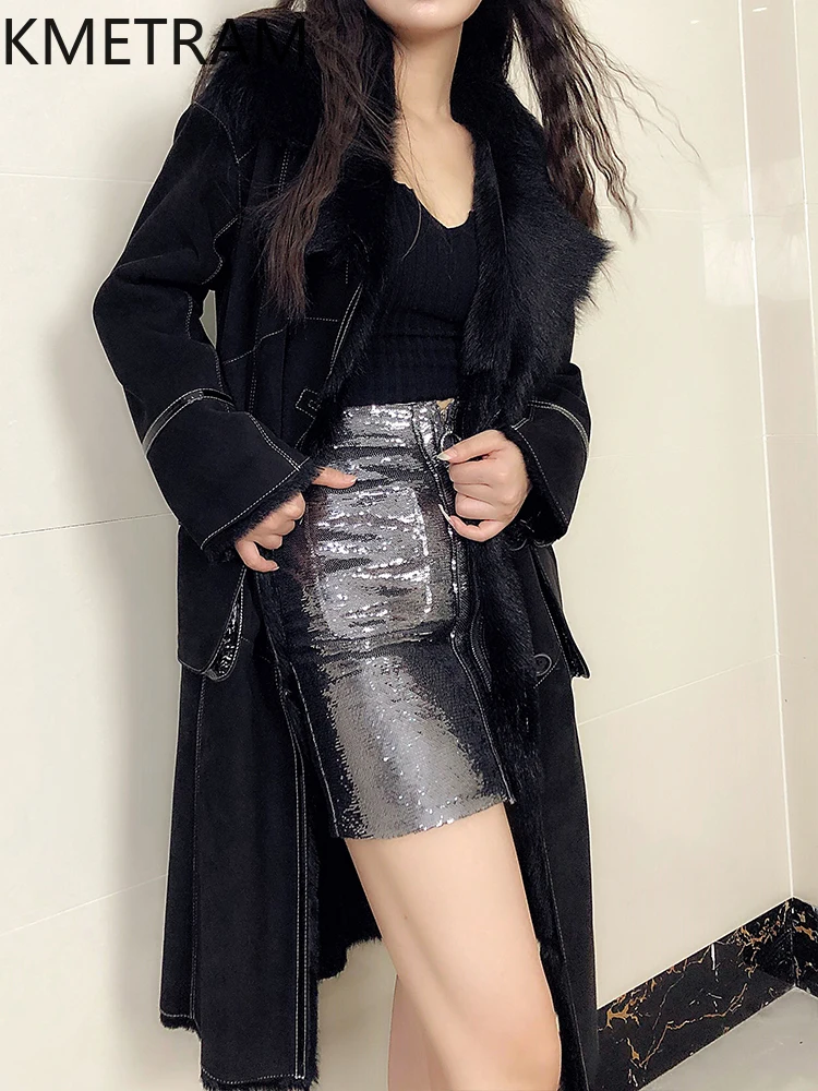 Natural Goatskin Wool Double Faced Fur Jacket Women Luxury Black Long Real Fur Coat Winter Woman Clothing 2025 шуба женская