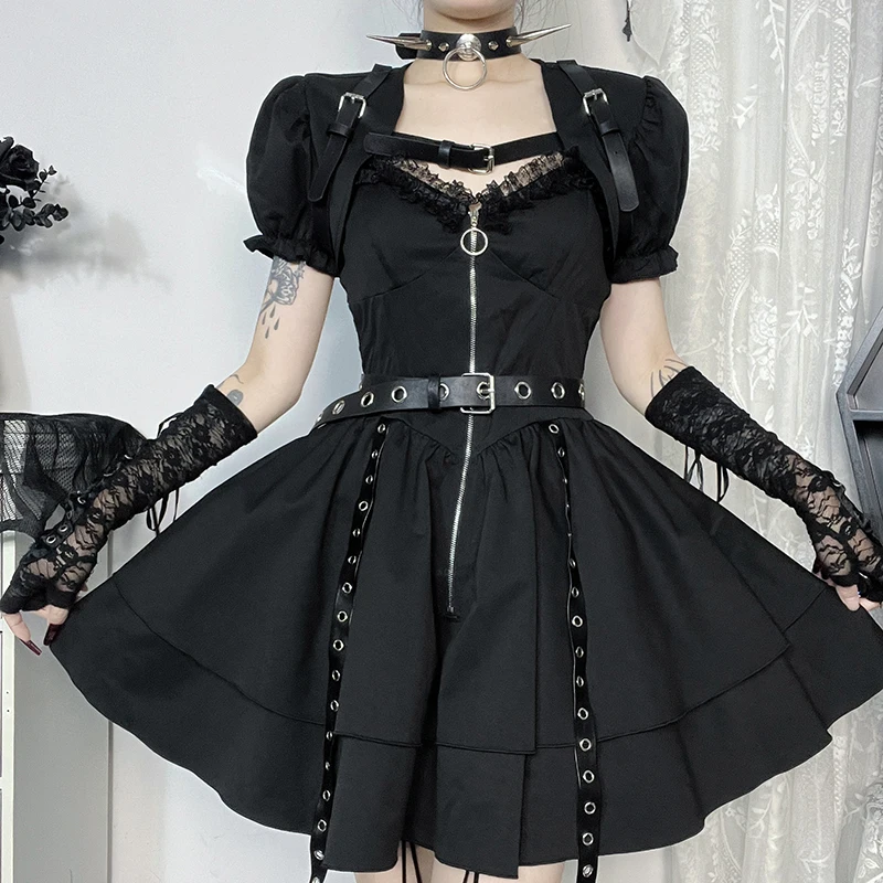 Y2K Goth Black Lace Trim A-Line Party Dresses Vintage Elegant Zipper Mini Dress Short Sleeve Smock Women New Fashion Dress