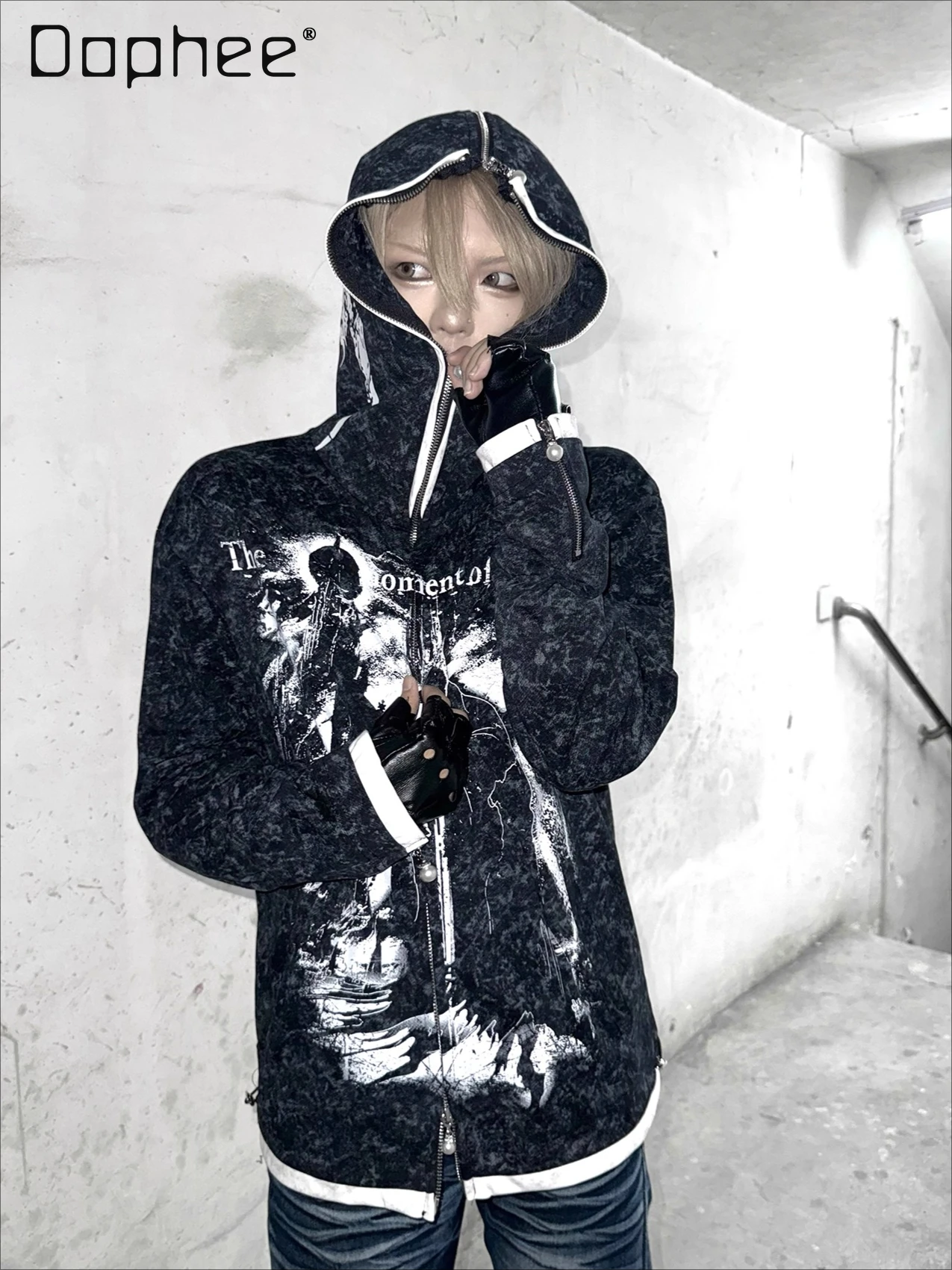 

High Street Punk Style Retro Print Hoodies Men Autumn Winter Goth Trendy Personality Long Sleeve Trendy Sweatshirt Men Clothing