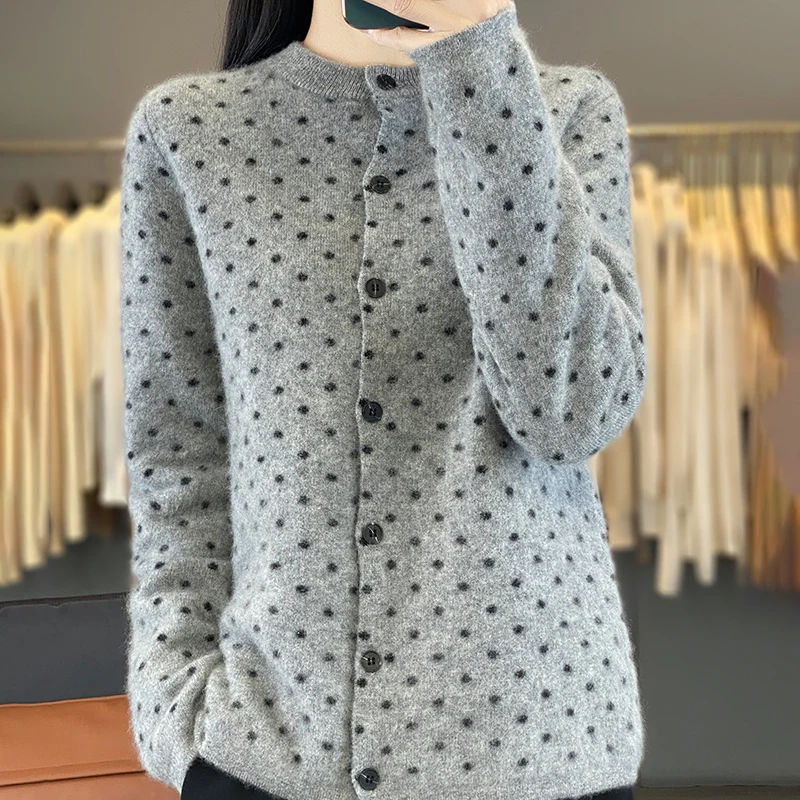 DjzDsm Autumn And Winter New 100% Cashmere Round Neck Thick Cardigan Polka Dot Design Knitted Sweater Soft Warm Top Coat