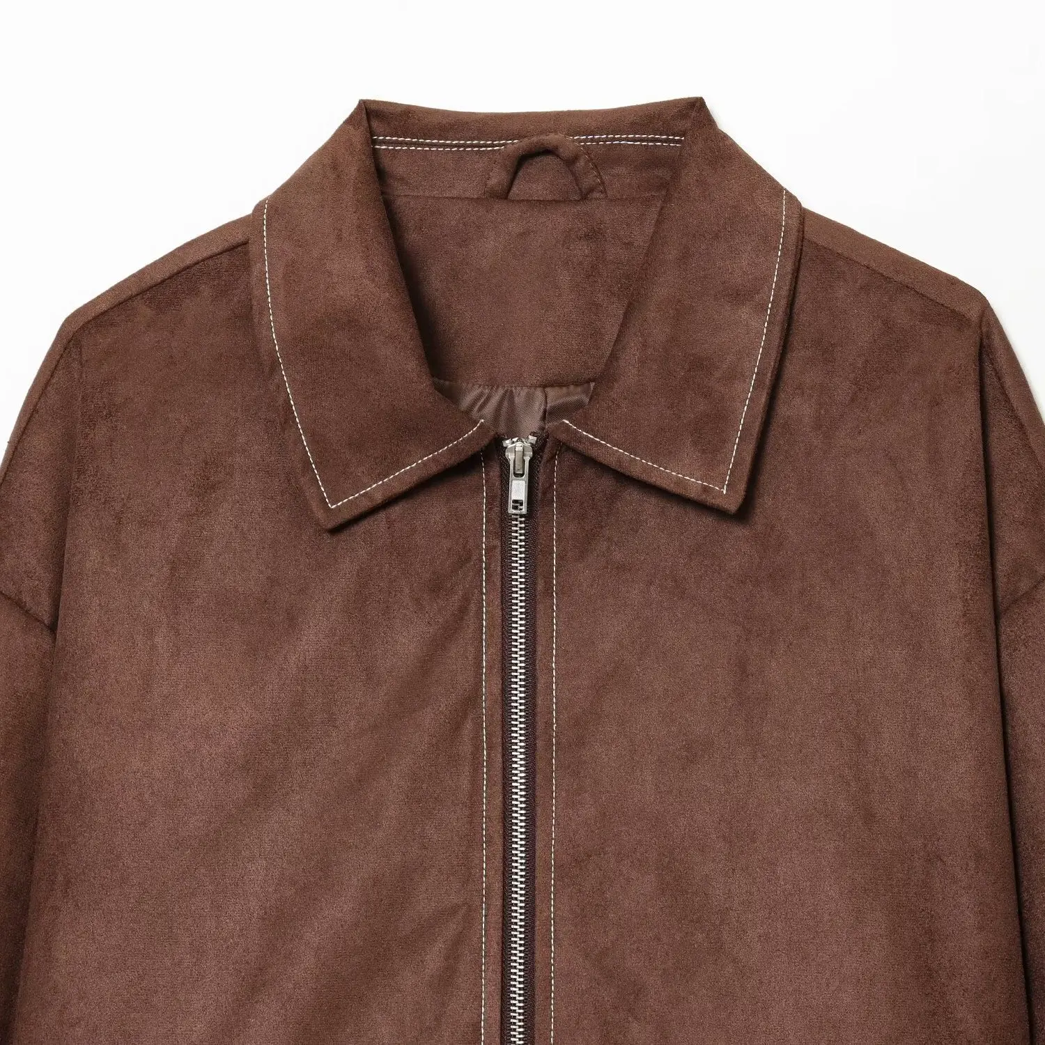 Elegancki, ciemnobrązowy płaszcz damski z zamszu jelenia, nowy model na jesień, uniwersalny krój, materiał poliestrowy, efekt wyszczuplający, długi rękaw.