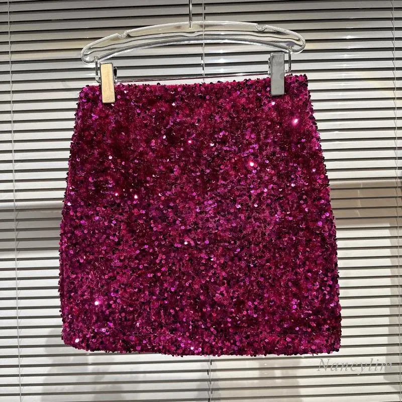 Short Sequin Skirt for Women 2023 Spring Summer New Elegant Socialite Catwalk Full-Body Sequined Shiny Hip Skirts Rose Pink