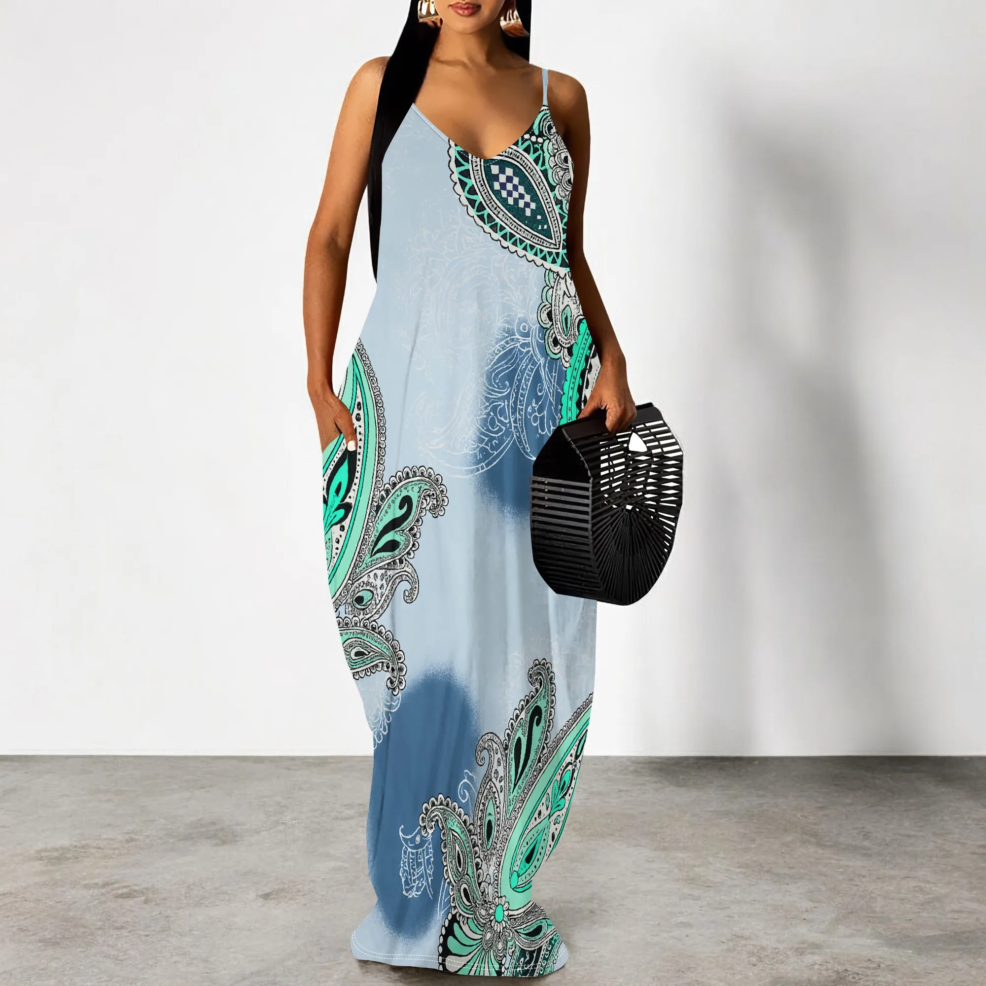 

Women's Boho Maxi Dress Summer Paisley Print Sling Spaghetti Strap Long Beach Sundress XS-3XL