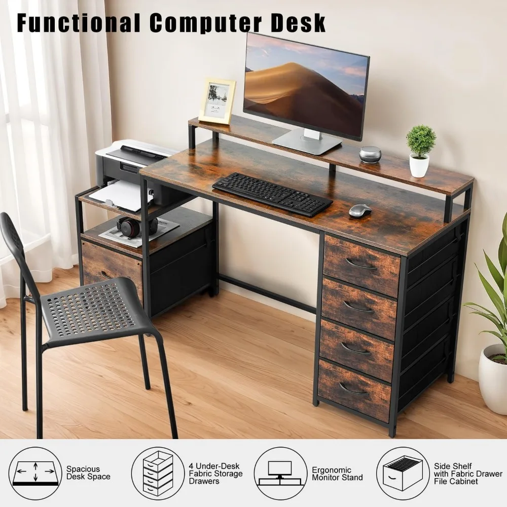 Office Desks ,with Storage Shelf/Cloth File Drawer for Letter Size/Monitor Stand Study Table for Home, Office Desks