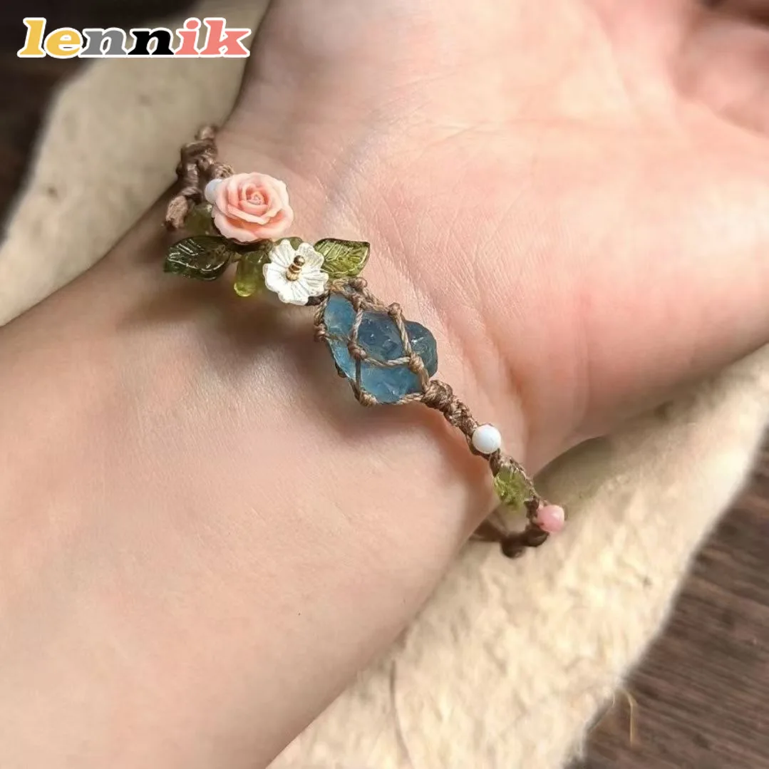 LENNIK New Versatile Couple's Bracelet, Rose Aquamarine Raw Stone, Handmade Macramé Netting Cord, Trendy Jewelry Accessory