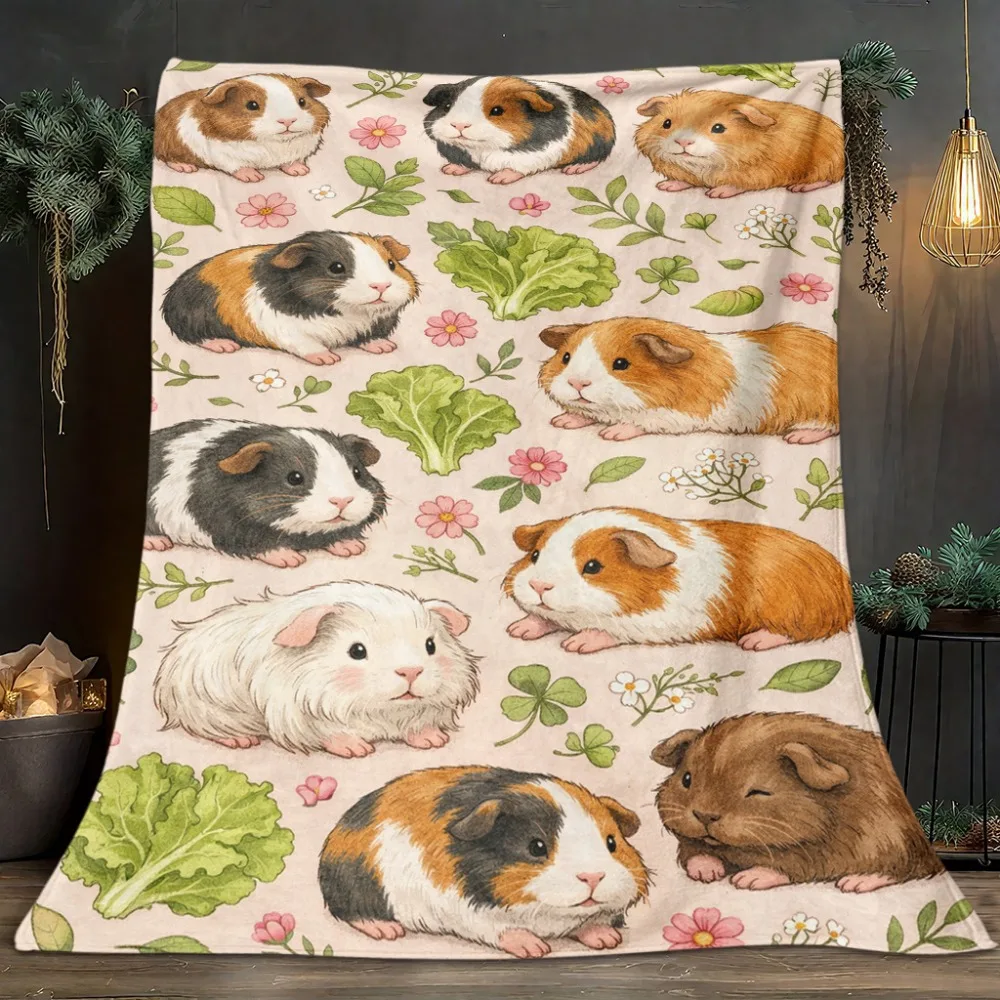 Watercolor Multi‑Color Guinea Pig Clover Flower Lettuce Seamless Pattern Flannel Blanket Cozy Plush Bedspread Portable Travel