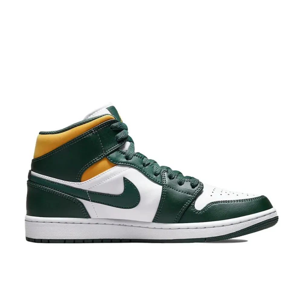 حذاء Nike Original Air Jordan 1 MID حذاء رياضي عصري ومتعدد الاستخدامات للرجال والنساء باللون الأبيض والأخضر والأصفر