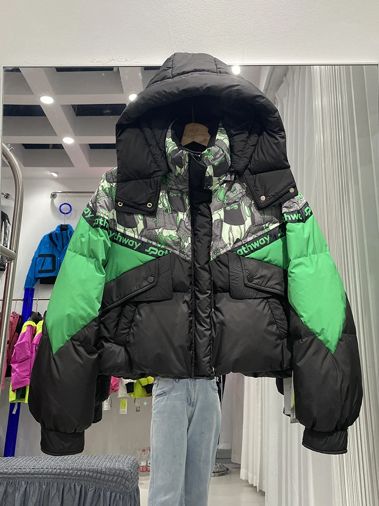 

Winter Patchwork Printing Hooded Down Jacket Women White Duck Down Short Warm Jackets Female Thick Quilted Parkas Outwears Coat