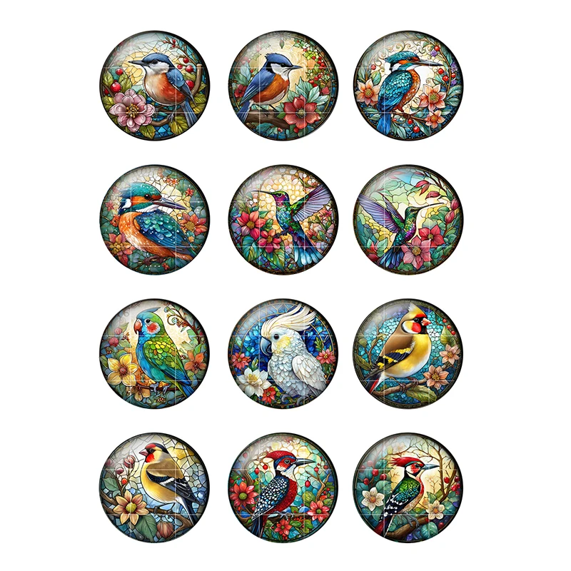 Watercolor Flowers Birds Art Paintings 24pcs Mix 12mm/20mm/25mm Round Photo Glass Cabochon Demo Flat Back Making Findings H151