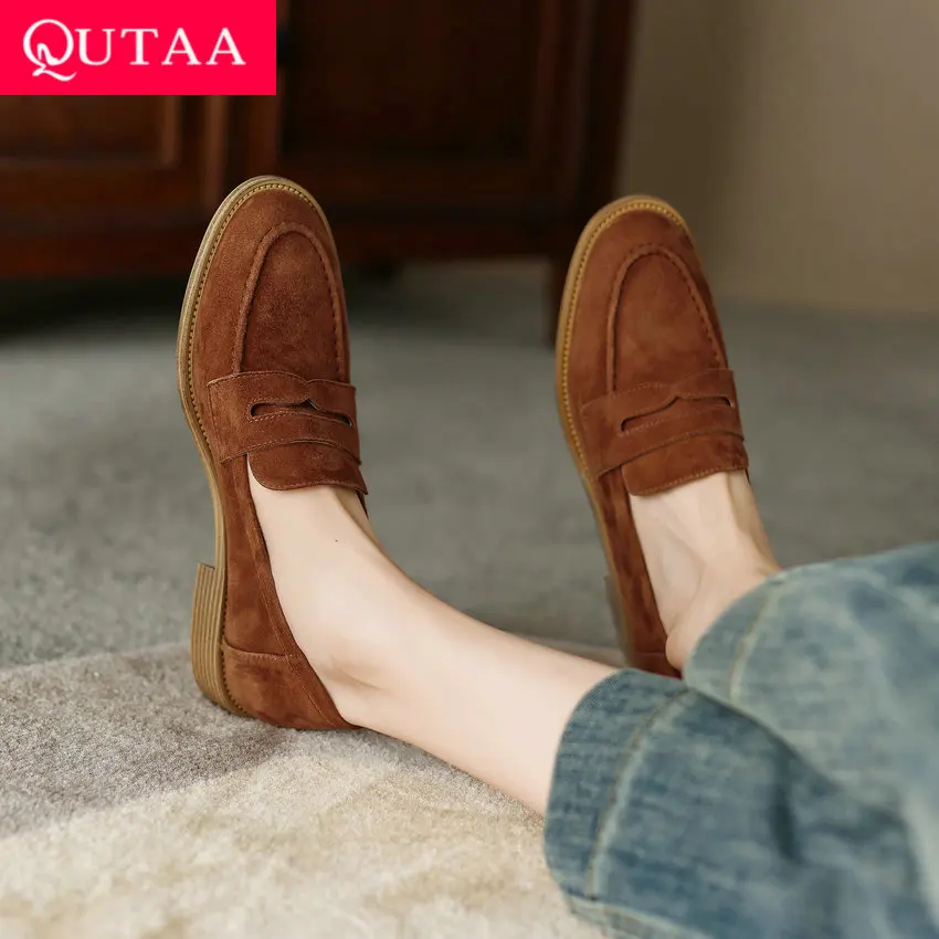 QUTAA 2023 Retro Style Concise Women Pumps Spring Low Heels Genuine Leather Office Ladies Casual Loafers Shoes Woman Size 34-40