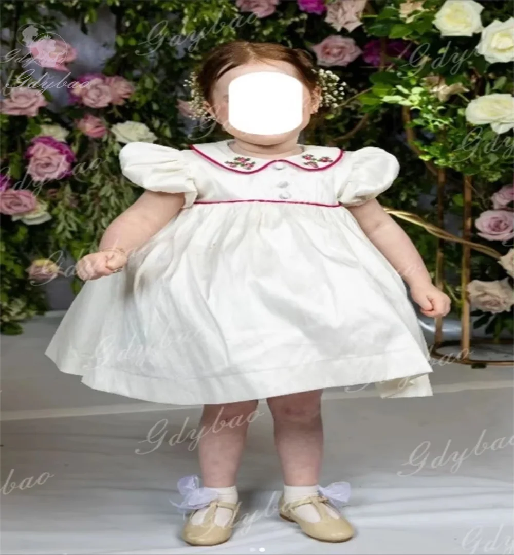 Custom Flower Girl Dress Embroidered Collar Satin Elegant First Communion Children's Birthday Party Junior Bridesmaid Dress