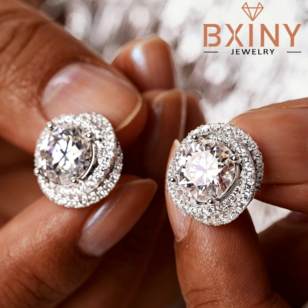 

BXINY 6cttw Moissanite Stud Earrings 925 Sterling Silver Halo Diamonds Ear Studs for Women Engagement Wedding Gifts Fine Jewelry