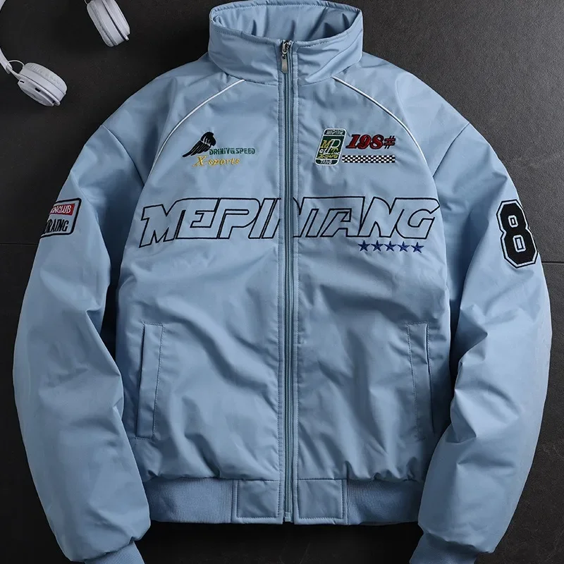 Mens American Street Retro Color Block Stand Collar Thick Jacket Loose Trendy Letter Print Fashion Casual Streetwear Winter Coat