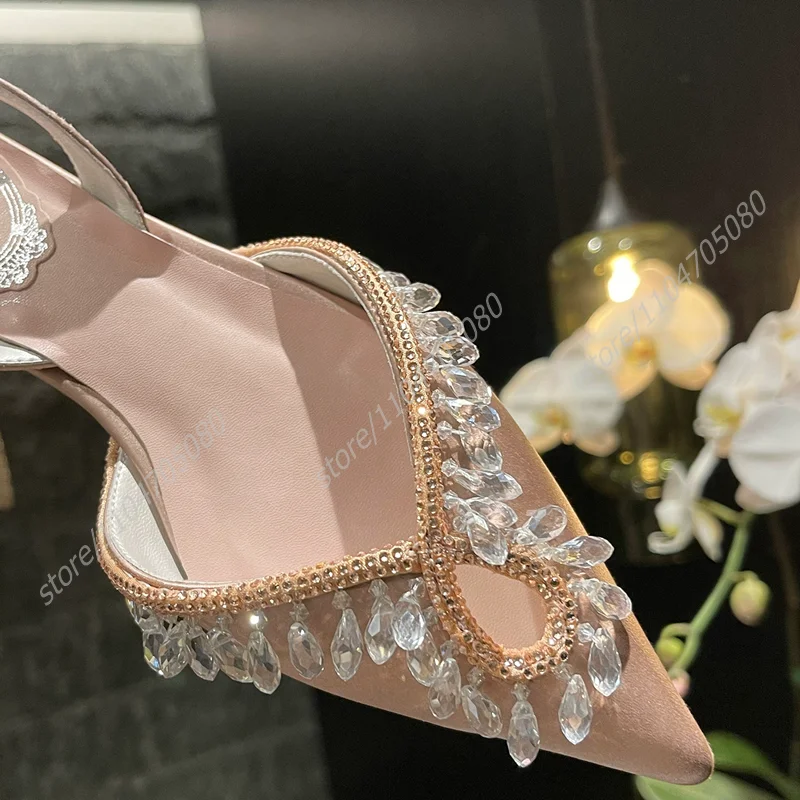Silver Water Drop Tassel Trim Light Skin Flat Shoes Women Hollow Pointed Buckle Casual Roman Diamond Shiny Elegant Luxury Shoes