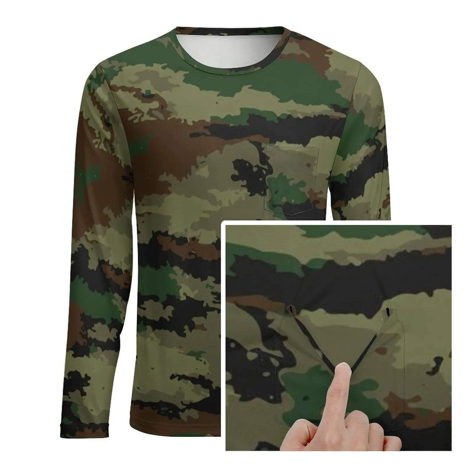 Black And Green Camo T Shirt With Pocket Woodland Camouflage Retro T-Shirts Men Basic Tshirt Long Sleeve Top Tees Plus Size