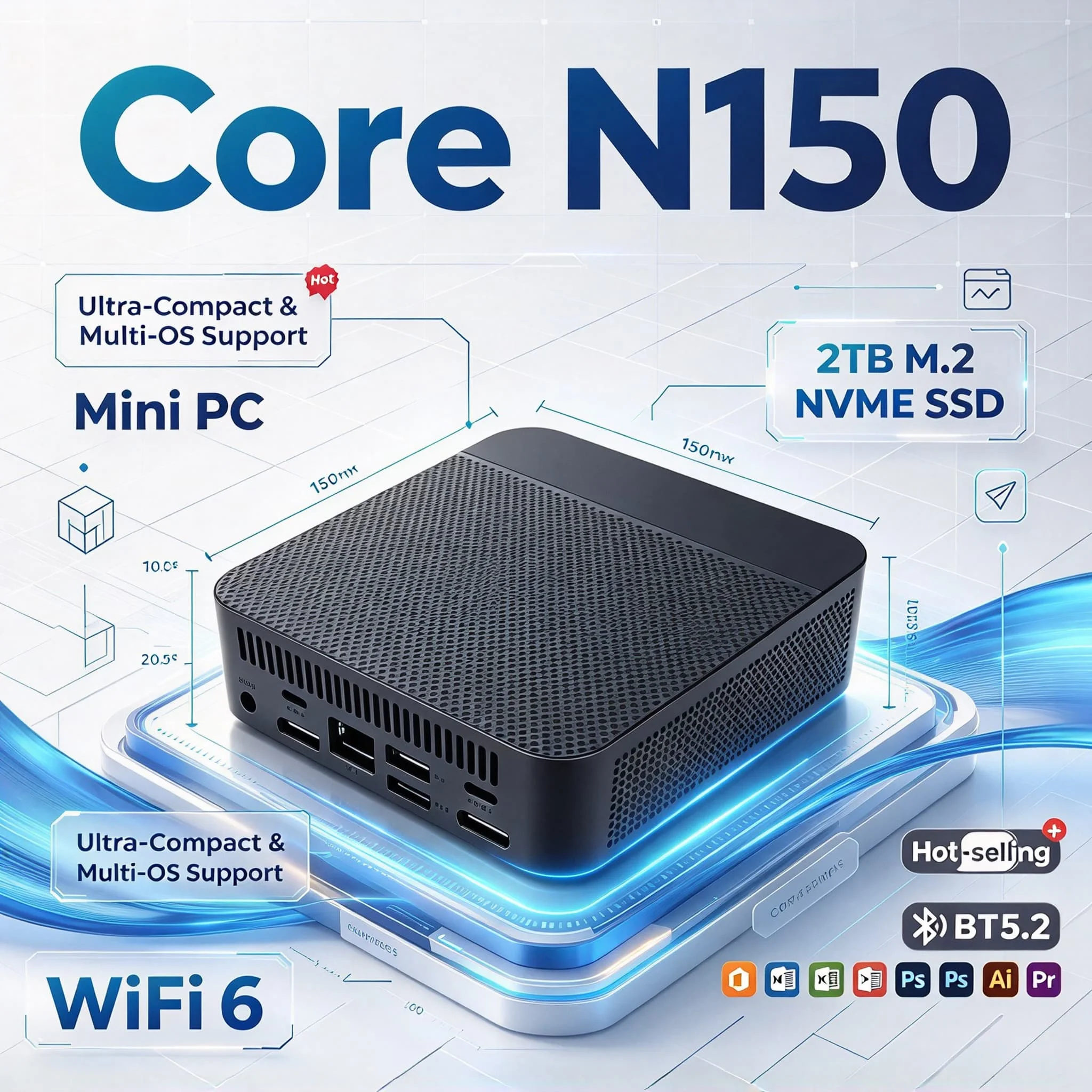 Desktop Office Home WiFi6 Silent Cooling Triple 4K Output Intel N150 Mini PC 16GB M.2 NVMe SSD Pro Ultra Fast Max System