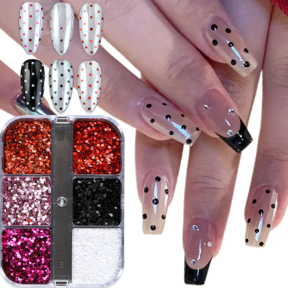 6 Grids Mini Polka Dot Nail Art Glitter Sequin Holographic Laser Pink Black White Red Circular Flakes DIY Manicure Decoration