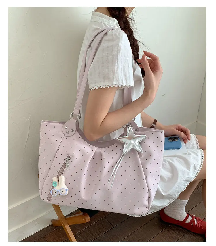 Korean Polka Dot Retro Shoulder Tote Bag Cute Zipper Vintage Large Capacity Underarm Casual Daily Commuter Bag Woman Mnimalist