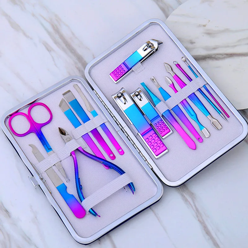 Aço inoxidável Nail Clipper Set, colorido e durável, Home Pedicure Knife, Alicate de beleza, Manicure Tool Box, 10 pcs, 15pcs