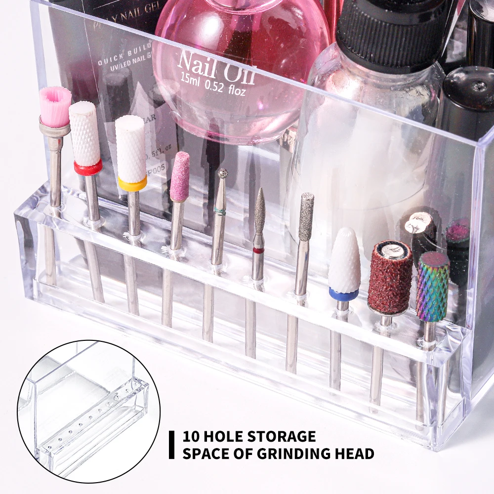 Pudełko do przechowywania manicure Wielofunkcyjne przezroczyste plastikowe pudełko z organizerem z siatkami Pojemnik na szlifierkę Organizer biżuterii DIY Manicure