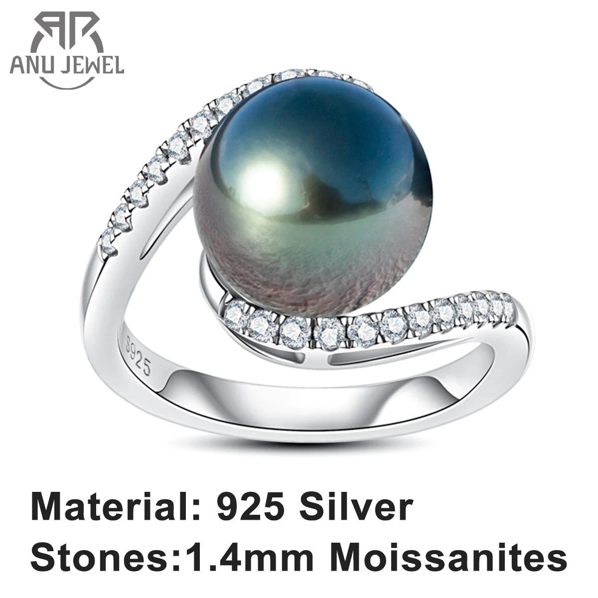 

AnuJewel 10-11mm Natural Tahitian Black Pearl 1.4mm Moissanite Diamond Engagement rings 925 Sliver Fine Jewelry Gifts Wholesale