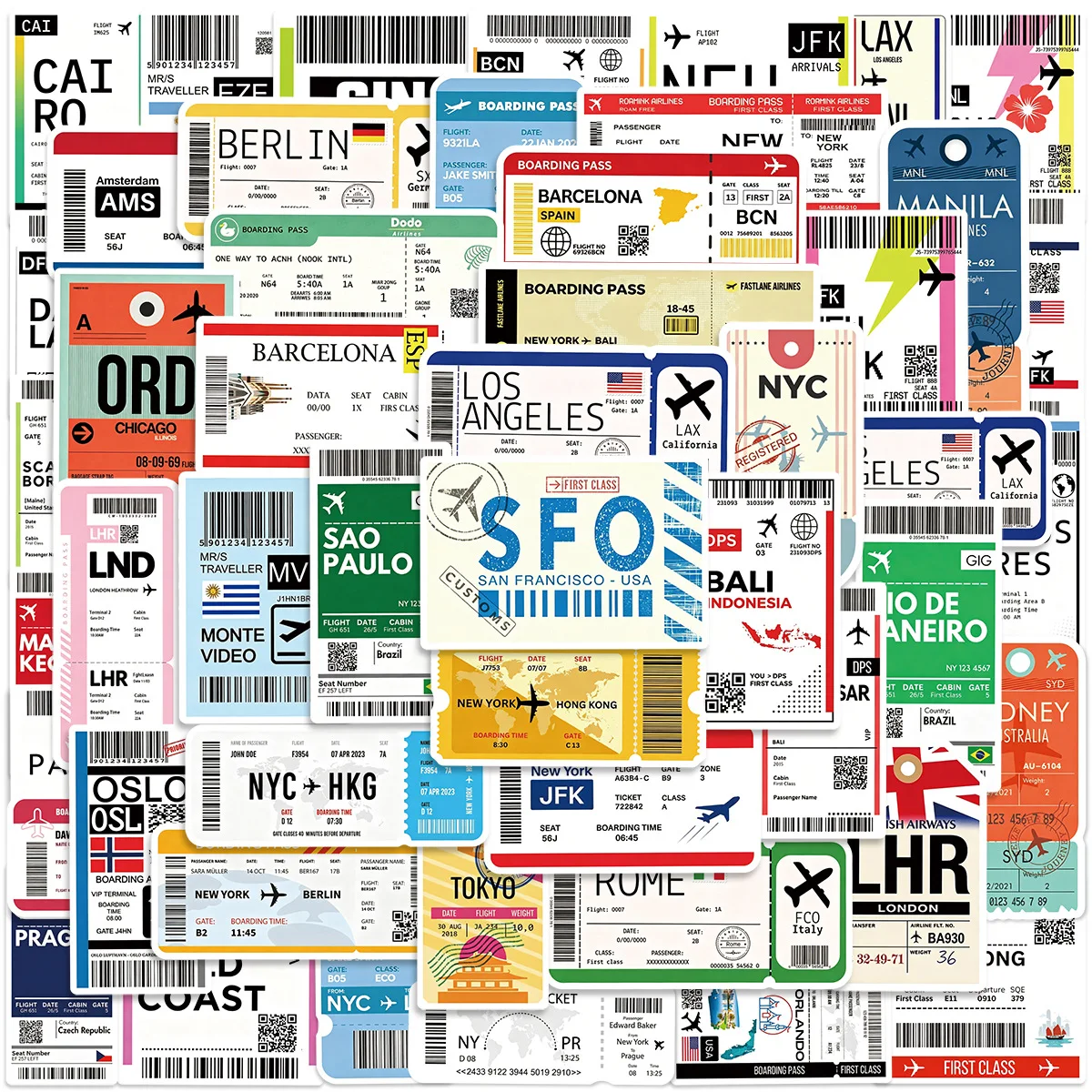 50er-Pack Wasserdichte Graffiti-Aufkleber im Flugticket-Design für Gepäck, Skateboards, Helme, Notizbücher, Reisezubehör