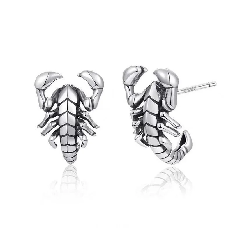 Retro Personalized Pattern Scorpion Earrings Men's Jewelry Trendy Hip Hop Style Hollow Animal Earrings Silver 925 Needel Male