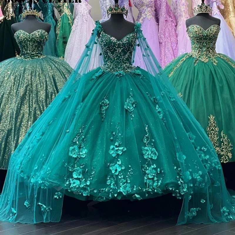 ANGELSBRIDEP Emarled สีเขียว Quinceanera กับ Cape เงา Vestidos De 15 Anos อย่างเป็นทางการวันเกิด Party Ball Girthday ชุดร้อน