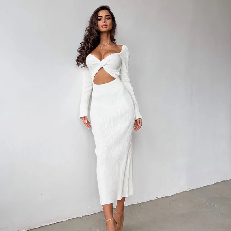 

Women's autumn high waisted slim fit dress, white long sleeved chest wrapped hollow ribbed fabric dress