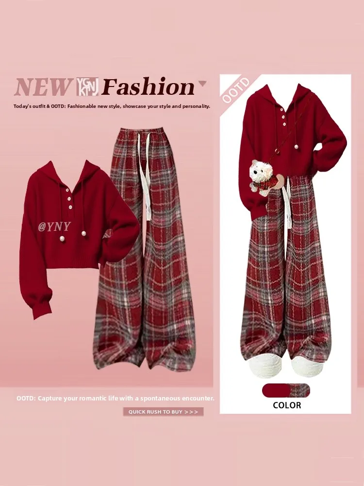 

Красный нежный зимний новогодний комплект: худи и клетчатые повседневные брюки, женский модный костюм из двух предметов, брюки с высокой талией