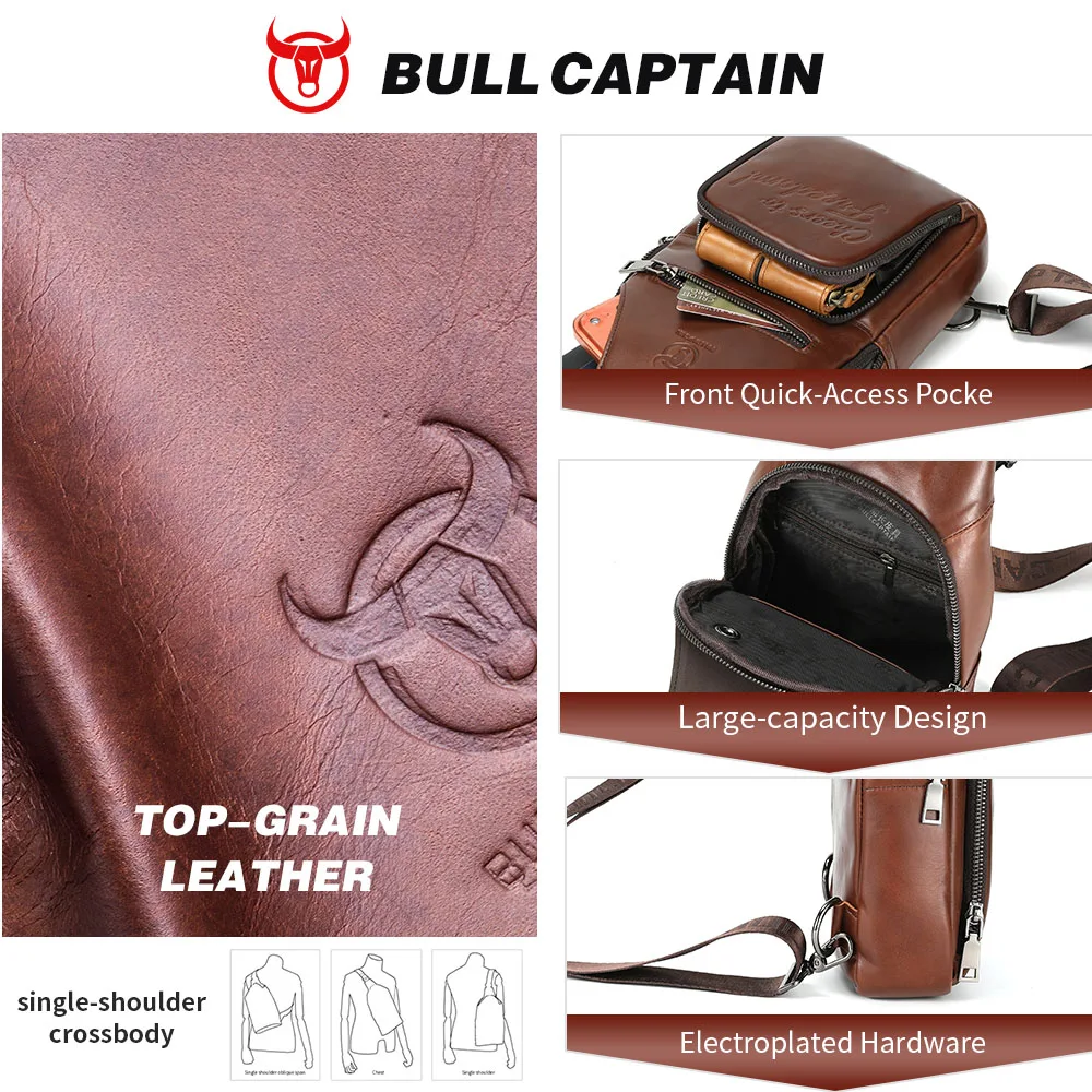 BULLCAPTAIN Genuine Leather Chest Bag Casual Triangle Crossbody Design Travel Shoulder Backpack Men Leather Multifunctional Bag view 3